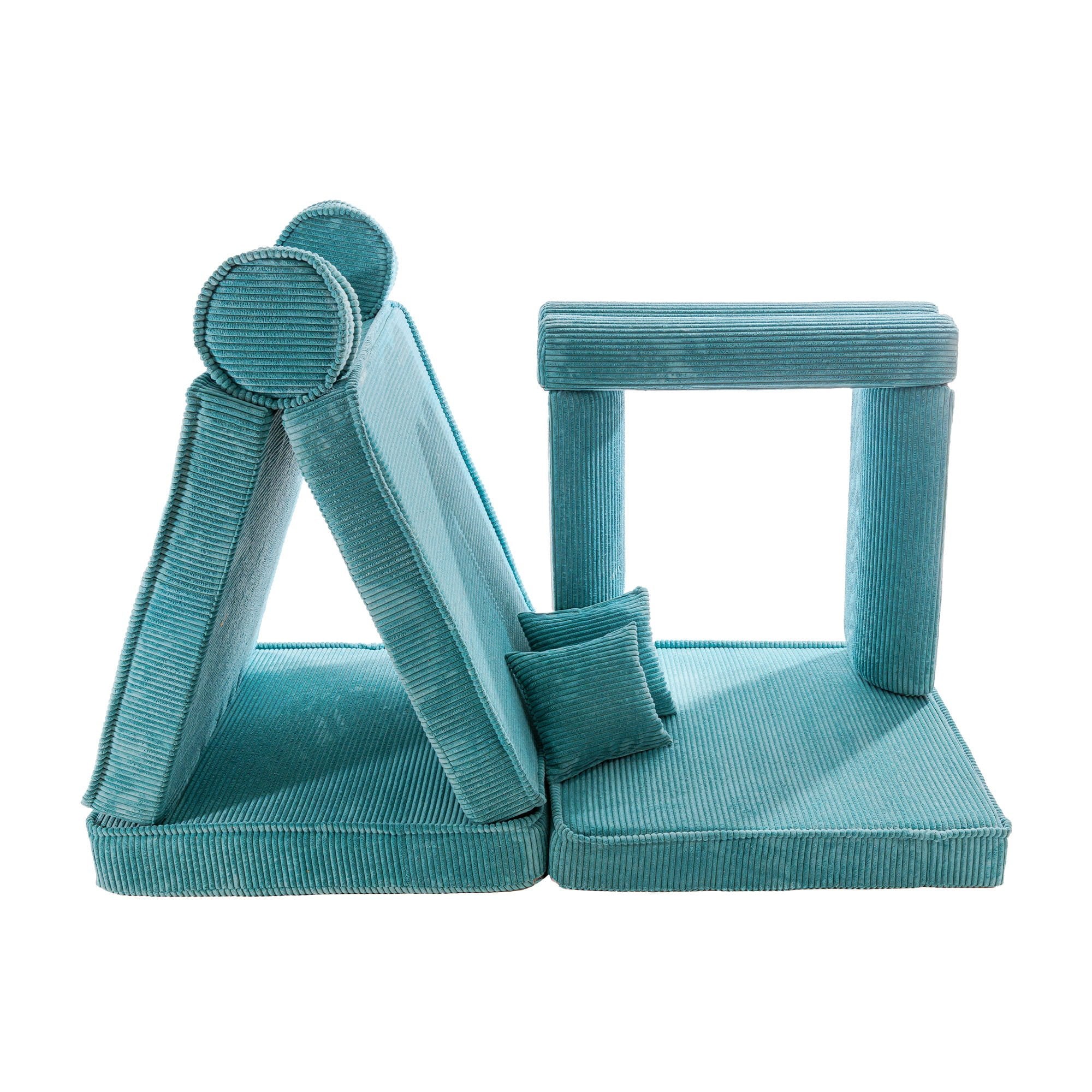 2. Turquoise corduroy modular sofa for kids arranged in a creative structure with cushions
