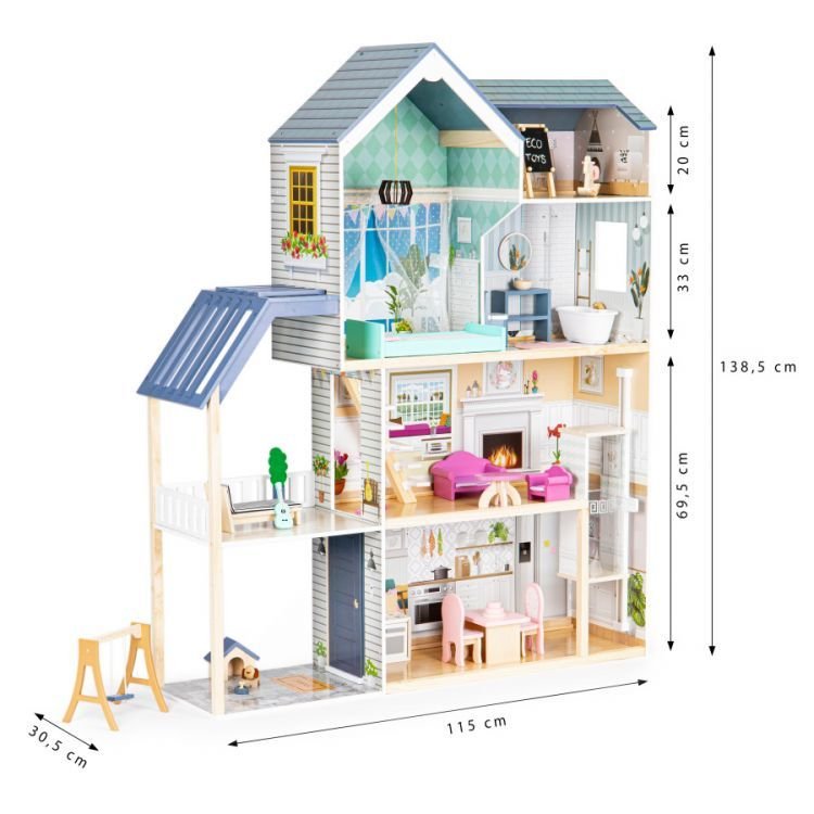 2. Side view of wooden dollhouse Crystal with dimensions, showing four floors, terrace, and detailed interior rooms