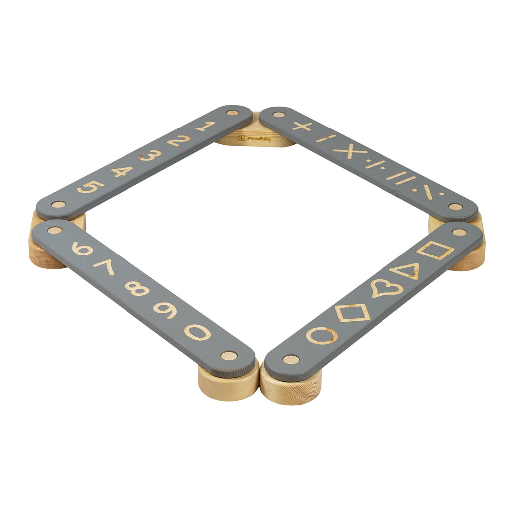5. Grey wooden balance beam with numbers and geometric shapes arranged in a square