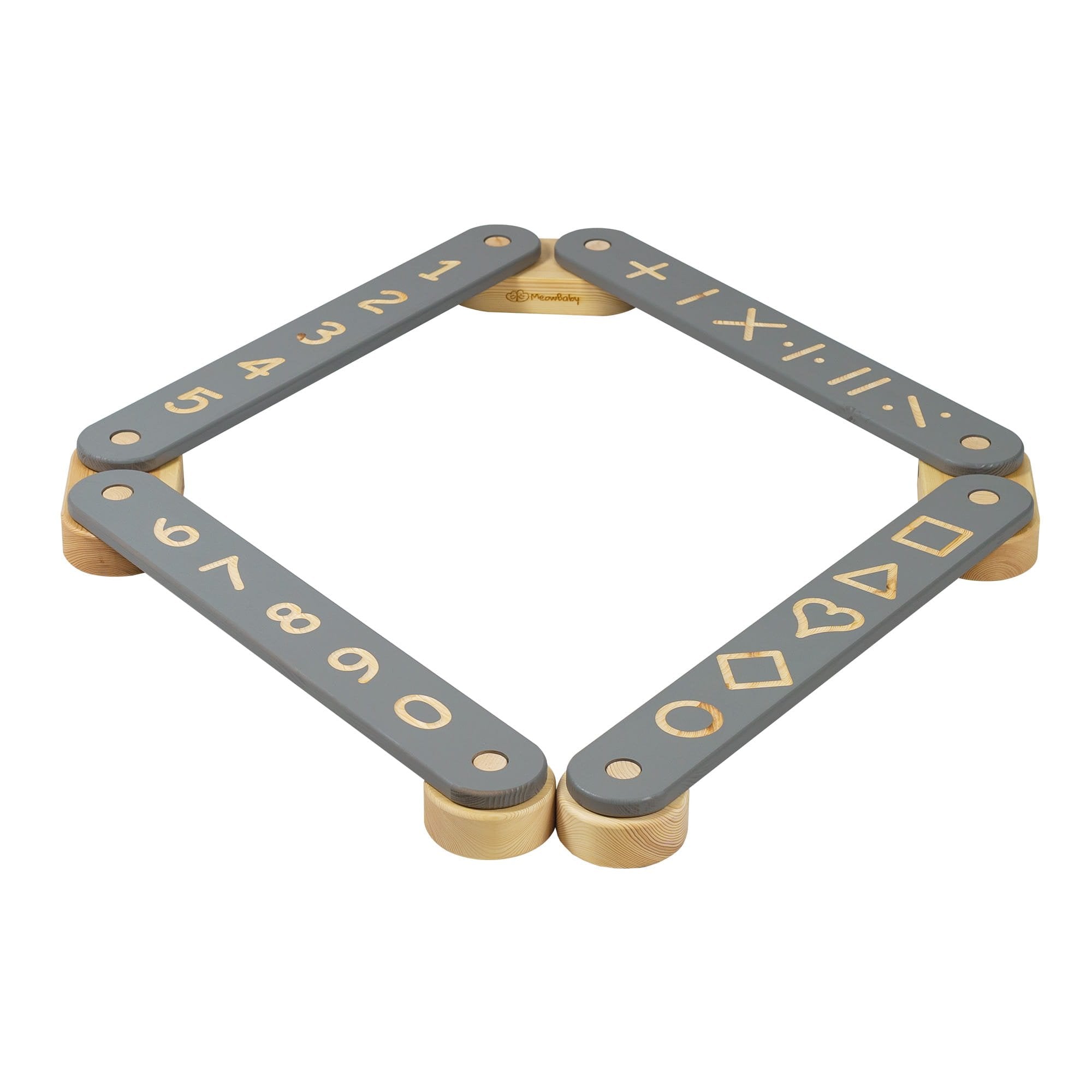 5. Grey wooden balance beam with numbers and geometric shapes arranged in a square