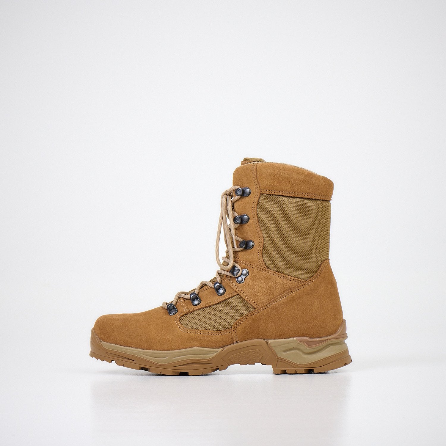 1. Samelin Latvian Army Combat Boots in tan, side view showcasing water-repellent split leather and waterproof textile construction