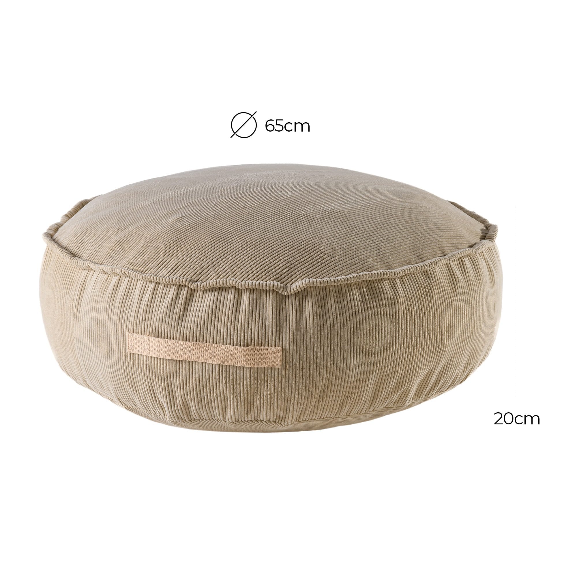 2. Size chart for MeowBaby corduroy pouf round showing 65 cm diameter and 20 cm height in sand color