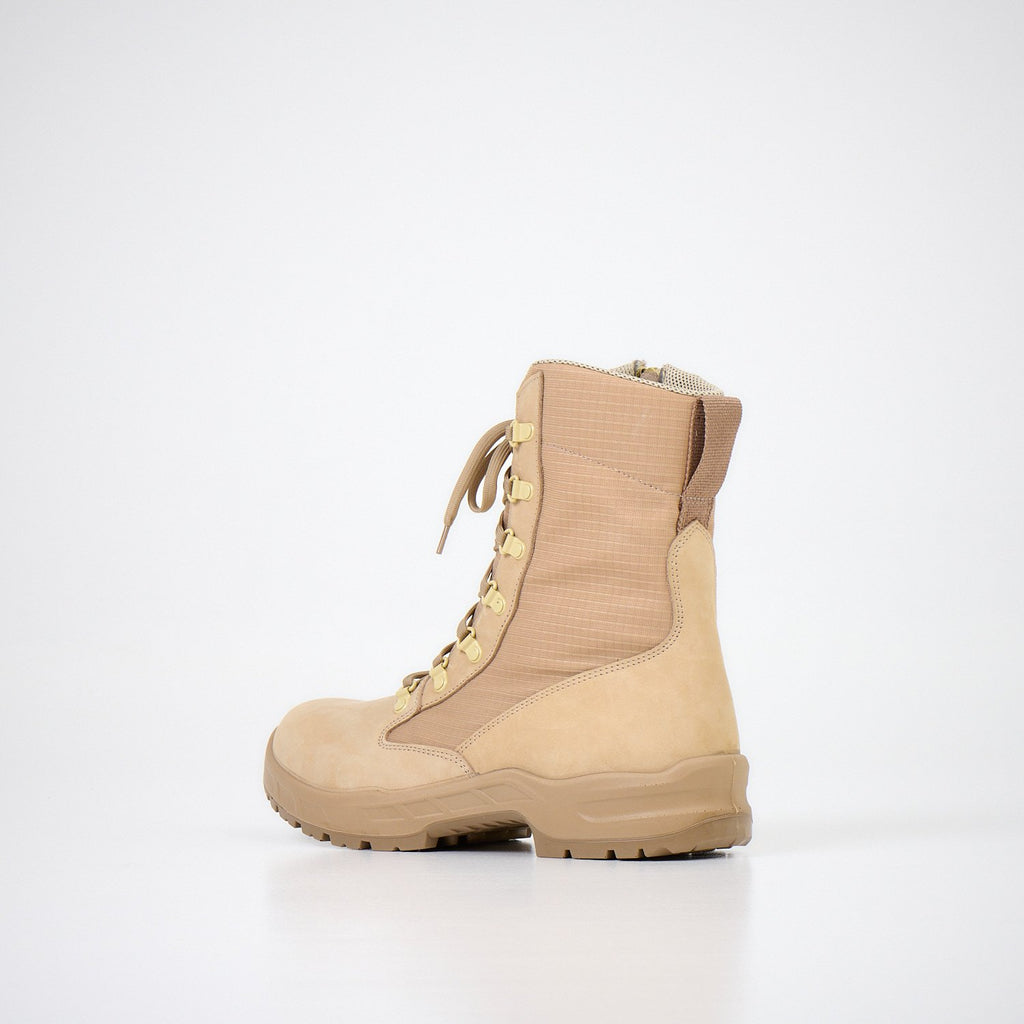 2. Samelin men's nubuck leather desert boots in beige, angled side view in studio