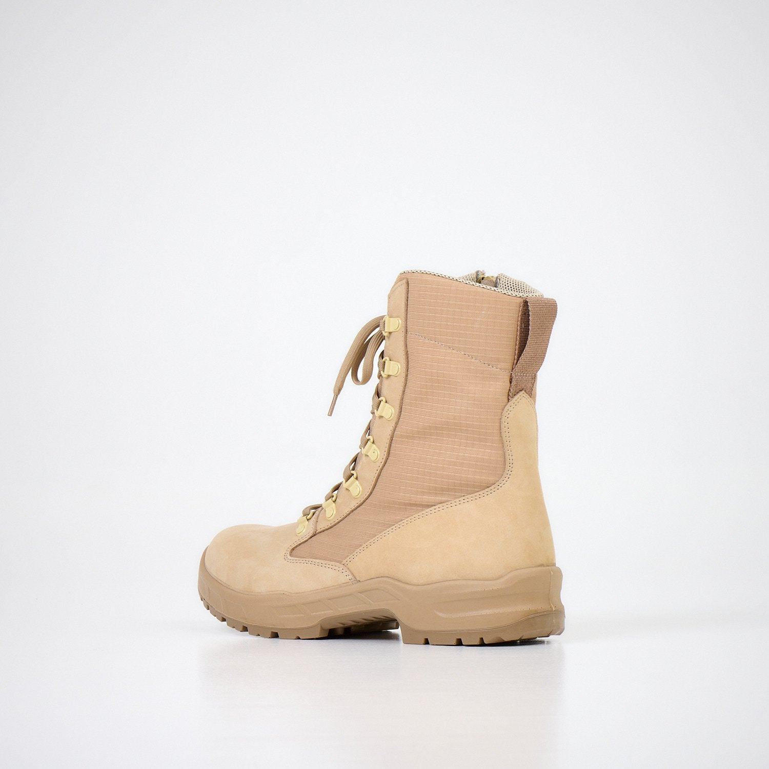 2. Samelin men's nubuck leather desert boots in beige, angled side view in studio