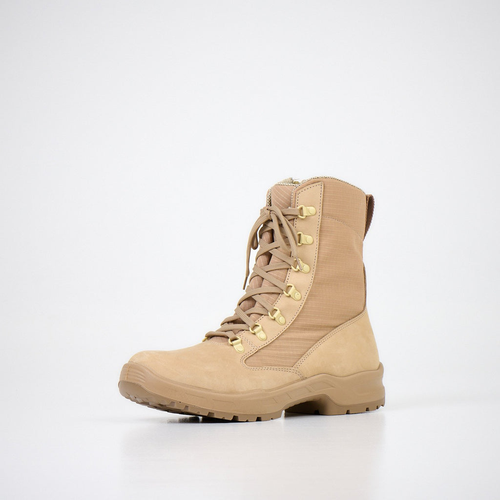 3. Samelin men's nubuck leather desert boots in beige, front angled view in studio