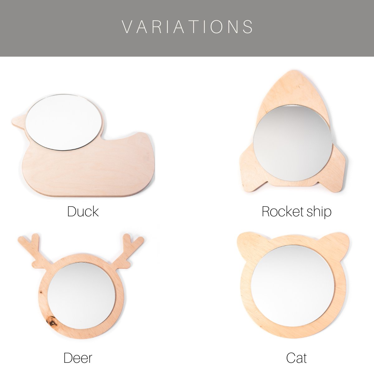 2. Variations of children's wall mirrors by Ewart Woods in duck, rocket ship, deer, and cat shapes
