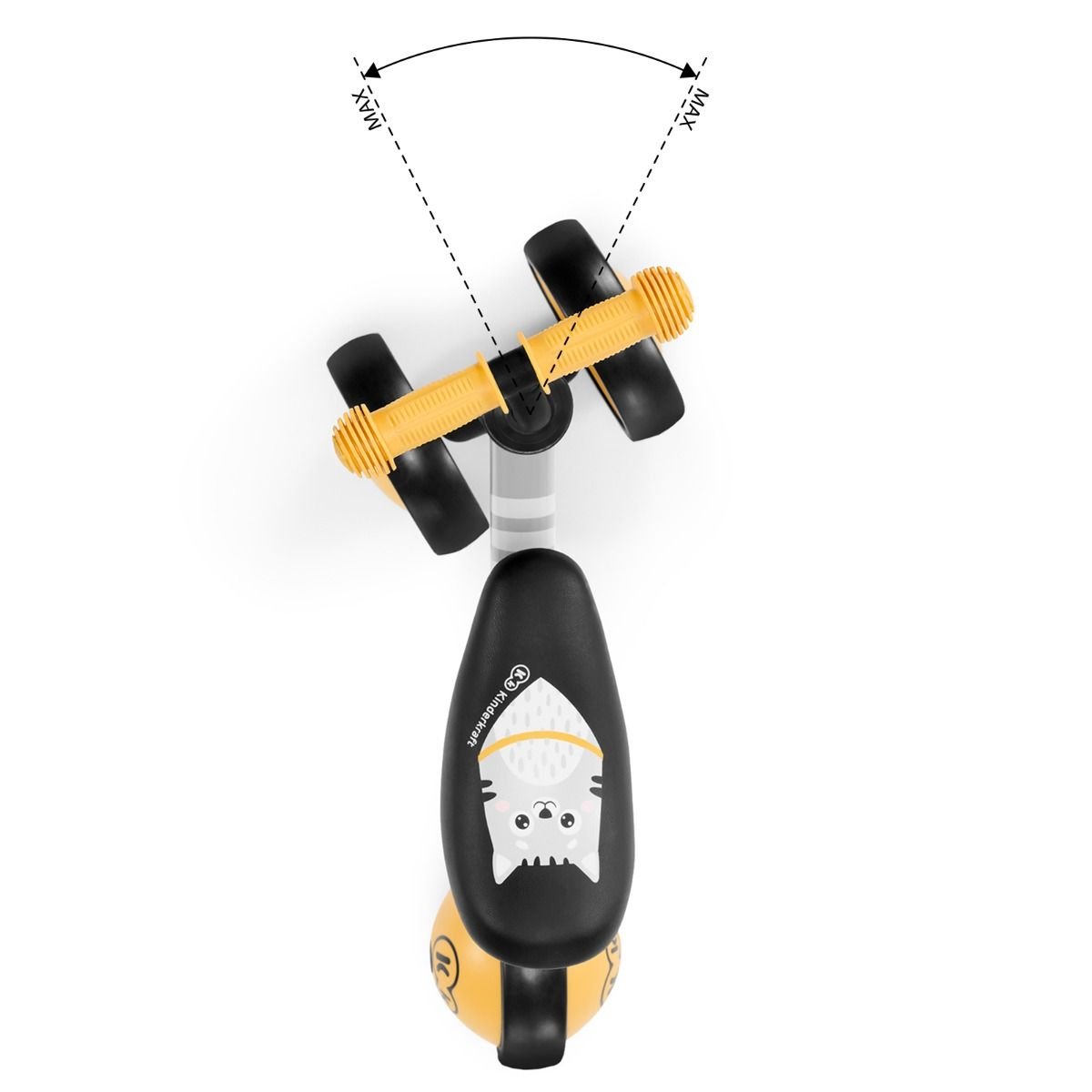 10. Top view of yellow Kinderkraft CUTIE balance bike showing handlebar angle lock