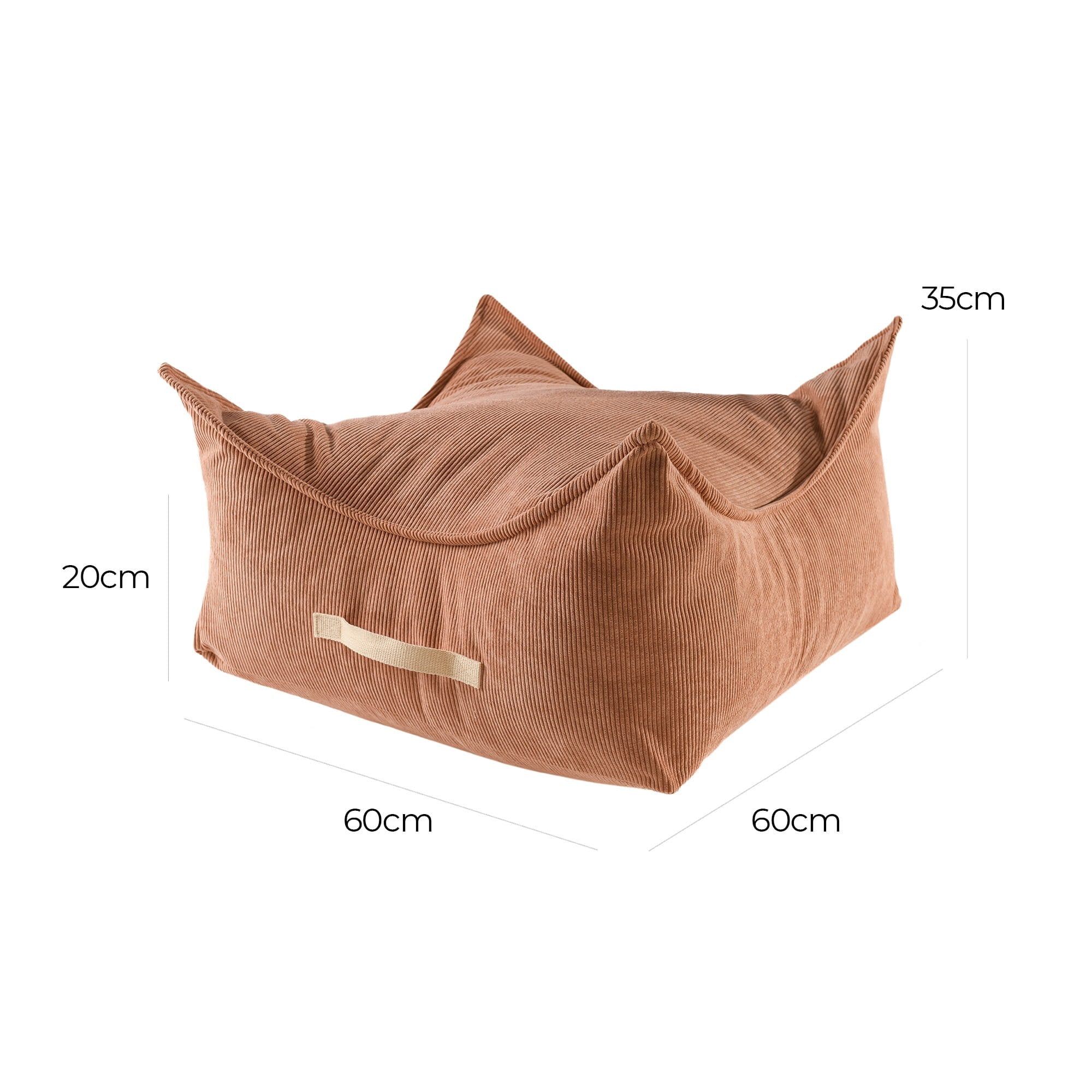 2. Size chart for MeowBaby square pouf showing dimensions 60cm by 60cm with 35cm height at corners and 20cm in center