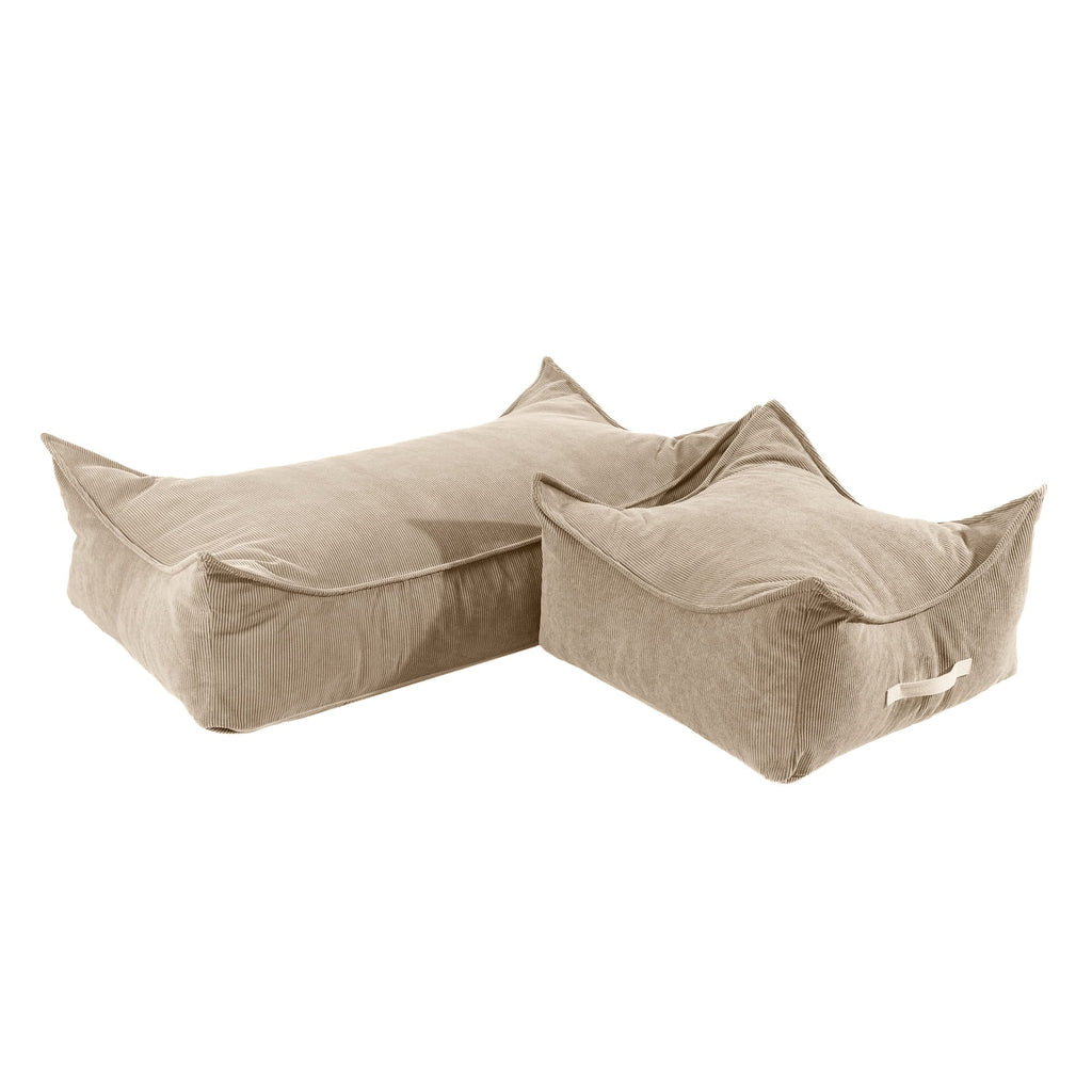 3. Two sand-colored corduroy pouffes for children by MeowBaby, one rectangular and one square, on a white background