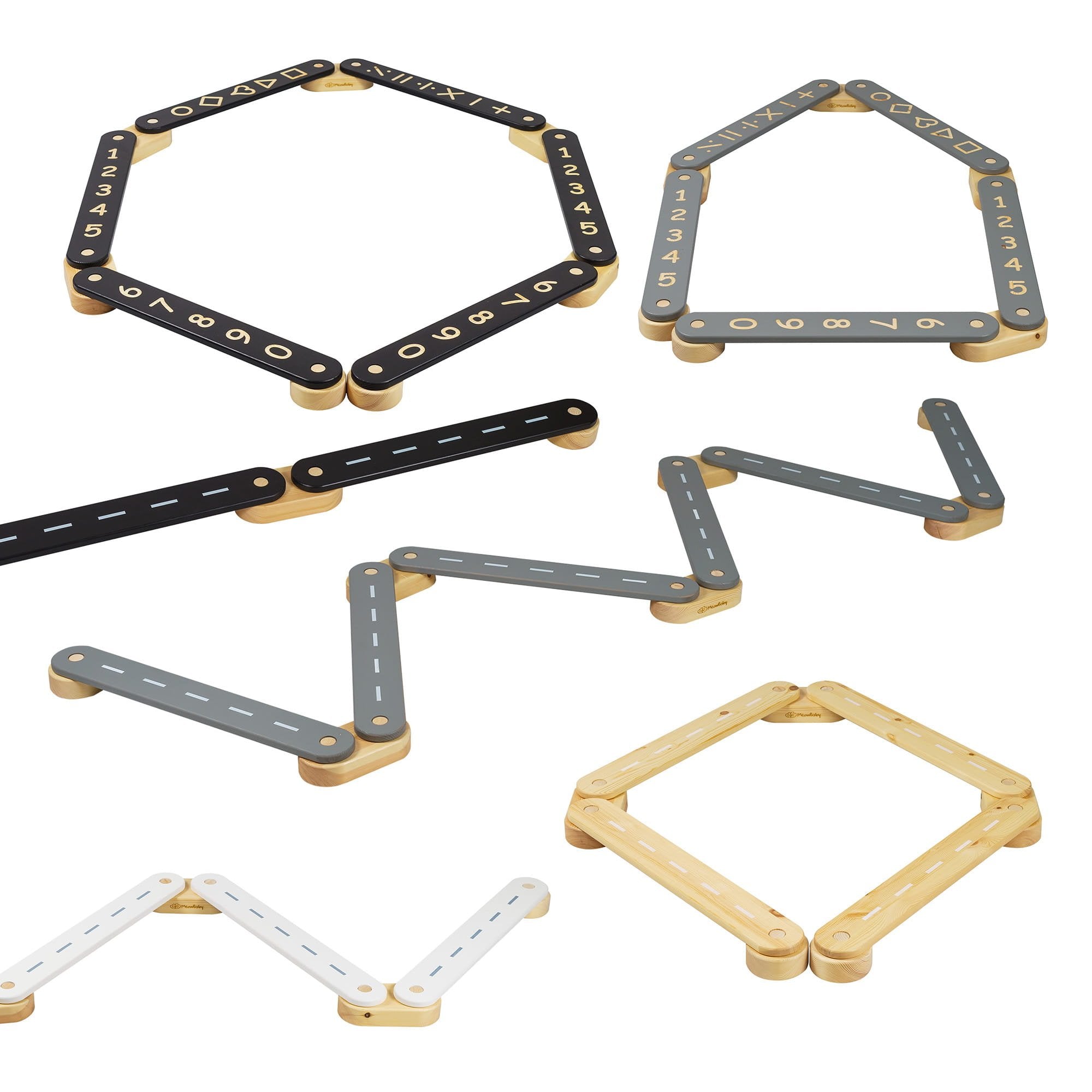 7. Various configurations of wooden balance beam in grey, black, and natural wood with road and number designs