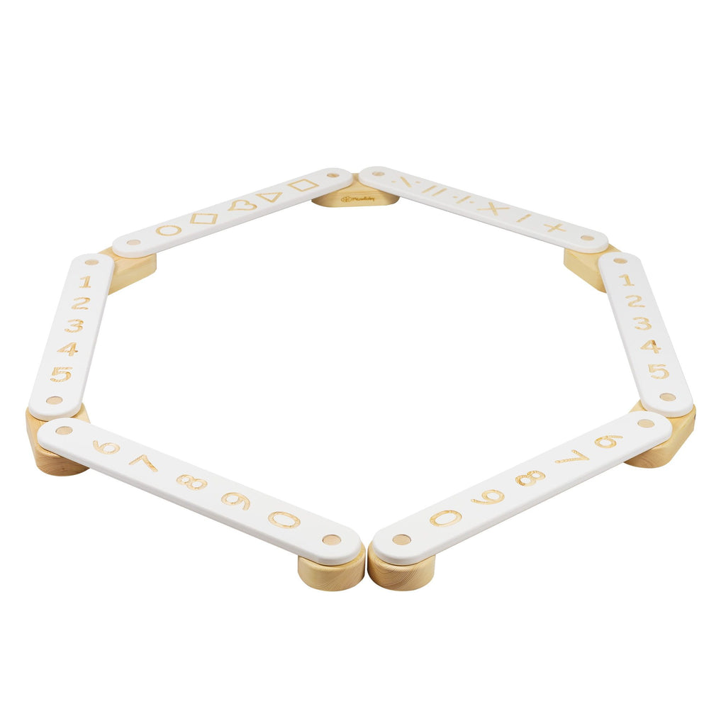 1. Wooden balance beam with white elements featuring numbers and geometric figures arranged in a hexagon