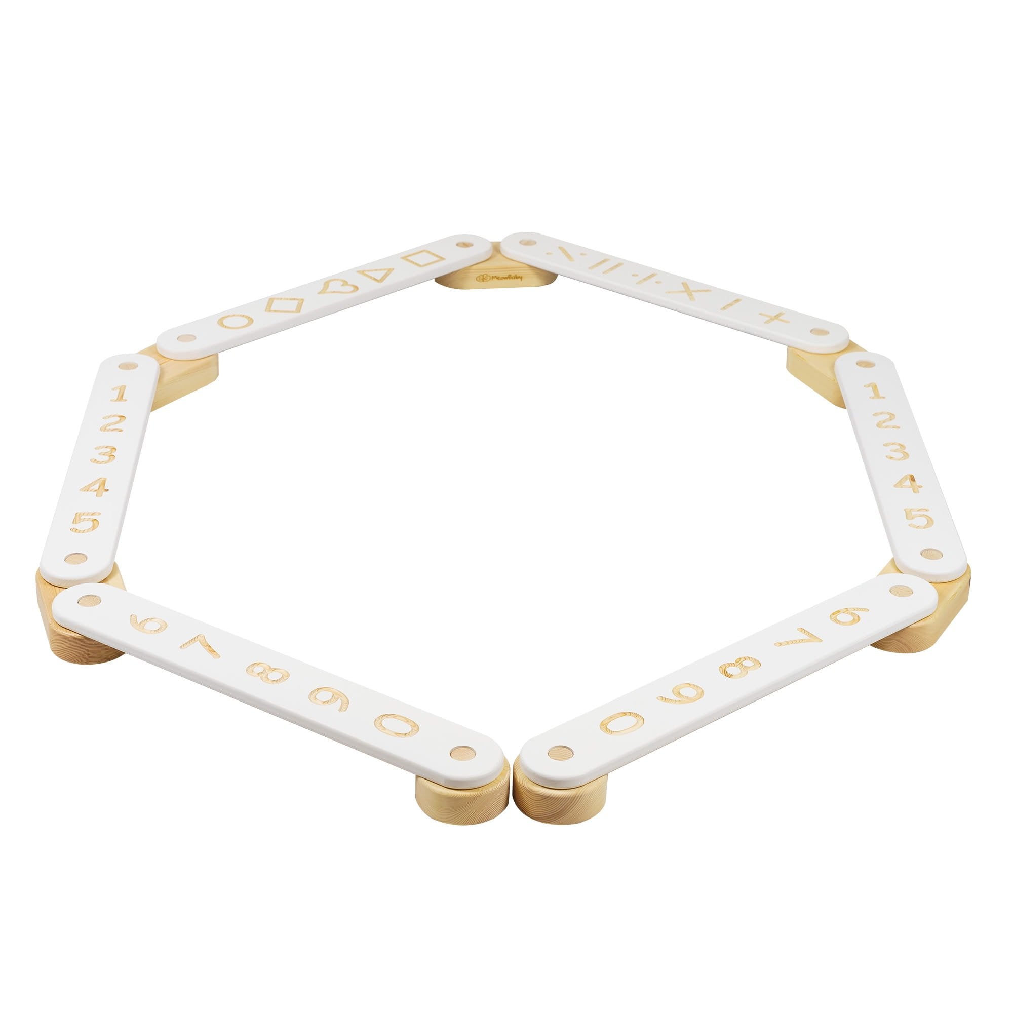 1. Wooden balance beam with white elements featuring numbers and geometric figures arranged in a hexagon