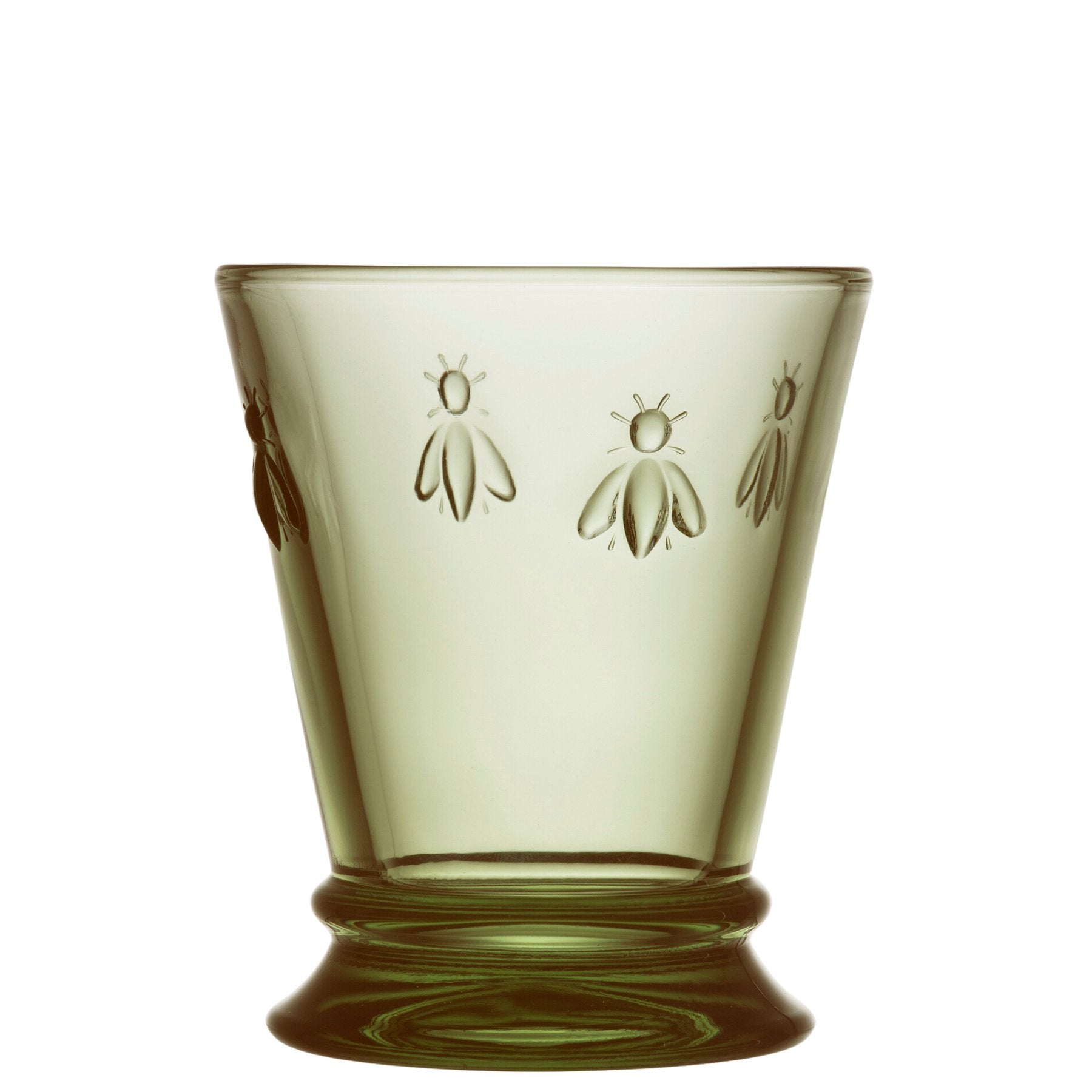 2. Single La Rochère Bee Water Glass in green with embossed bee motif, shown in studio lighting