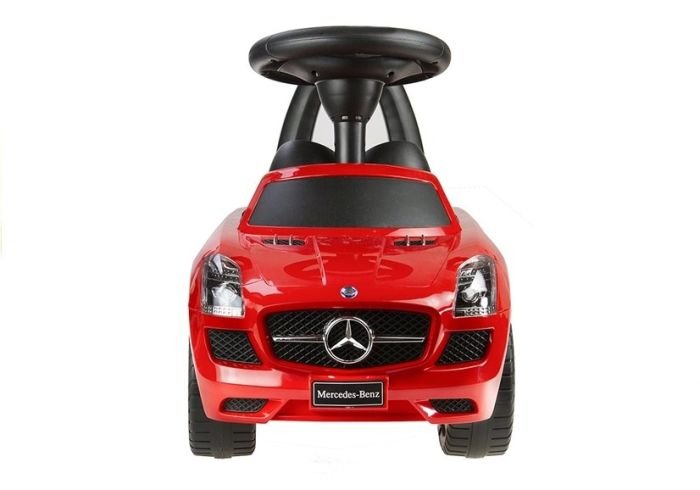 5. Front view of red Milly Mally ride-on Mercedes for kids with Mercedes-Benz logo and black steering wheel