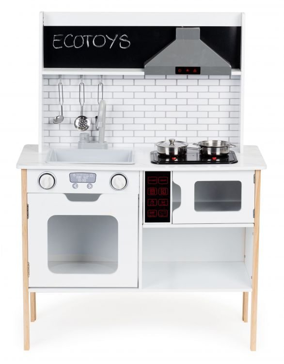 2. Front view of Ecotoys wooden play kitchen with stovetop, oven, microwave, and utensil hooks, featuring a white and natural wood design