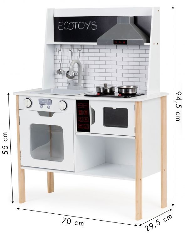 4. Size chart for Ecotoys wooden play kitchen showing dimensions 70 x 29.5 x 94.5 cm