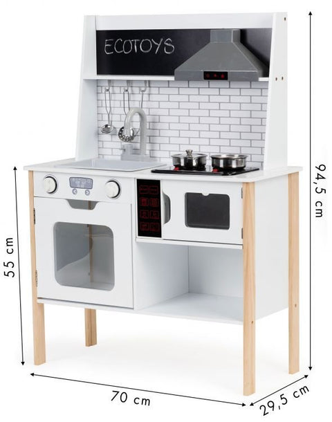 4. Size chart for Ecotoys wooden play kitchen showing dimensions 70 x 29.5 x 94.5 cm