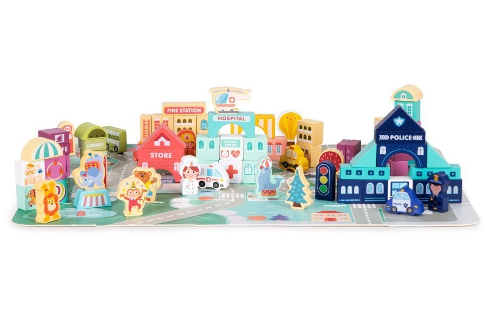 9. Front view of wooden city set with hospital, store, and police station on puzzle base