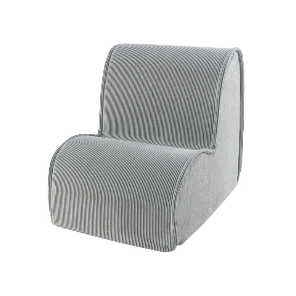 1. Grey corduroy children's armchair by MeowBaby shown in studio setting highlighting ergonomic design
