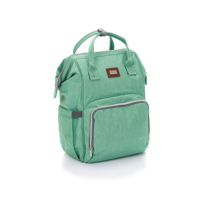 1. Mint green Fillikid diaper backpack with multiple pockets and handles on a white background