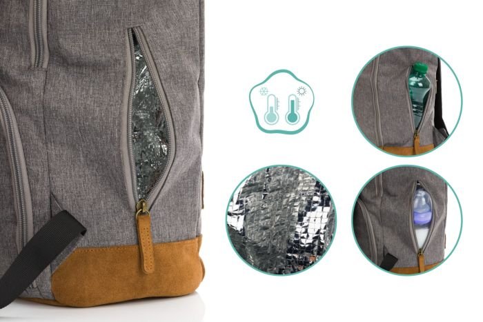 3. Close-up of Fillikid diaper backpack insulated bottle pocket with reflective lining
