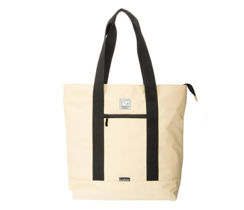 2. Beige Moomintroll shopping bag by NordicBuddies with black handles and front pocket, featuring Moomin logo patch, made of 100% polyester, shown in studio setting