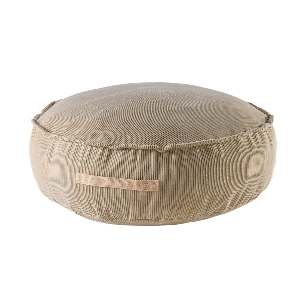 1. Sand-colored MeowBaby corduroy pouf round with handle, shown in studio setting highlighting texture and design