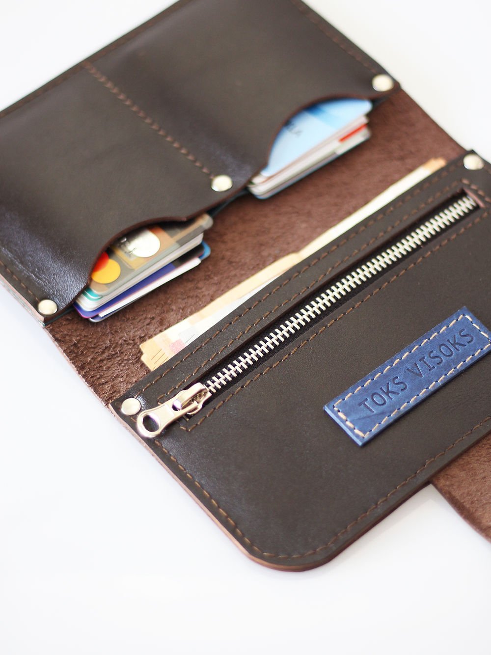2. Close-up of open TOKS VISOKS SATURDAY Wallet in chocolate brown, featuring card slots and zippered coin pocket
