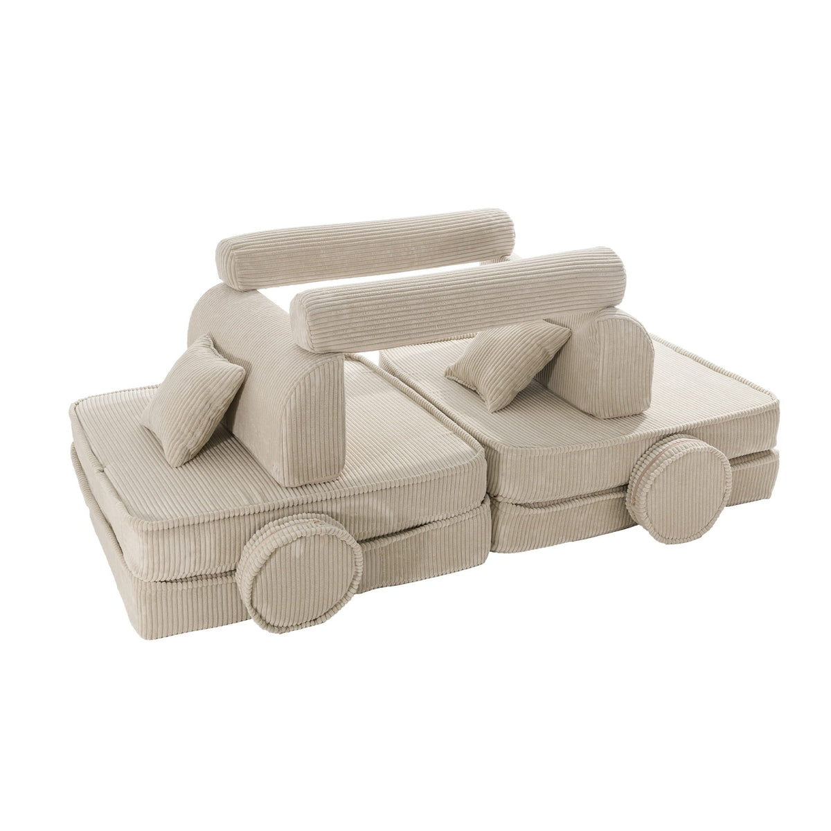 1. Large modular children's sofa in ecru corduroy with multiple pieces arranged creatively, featuring cushions and armrests, on a white background