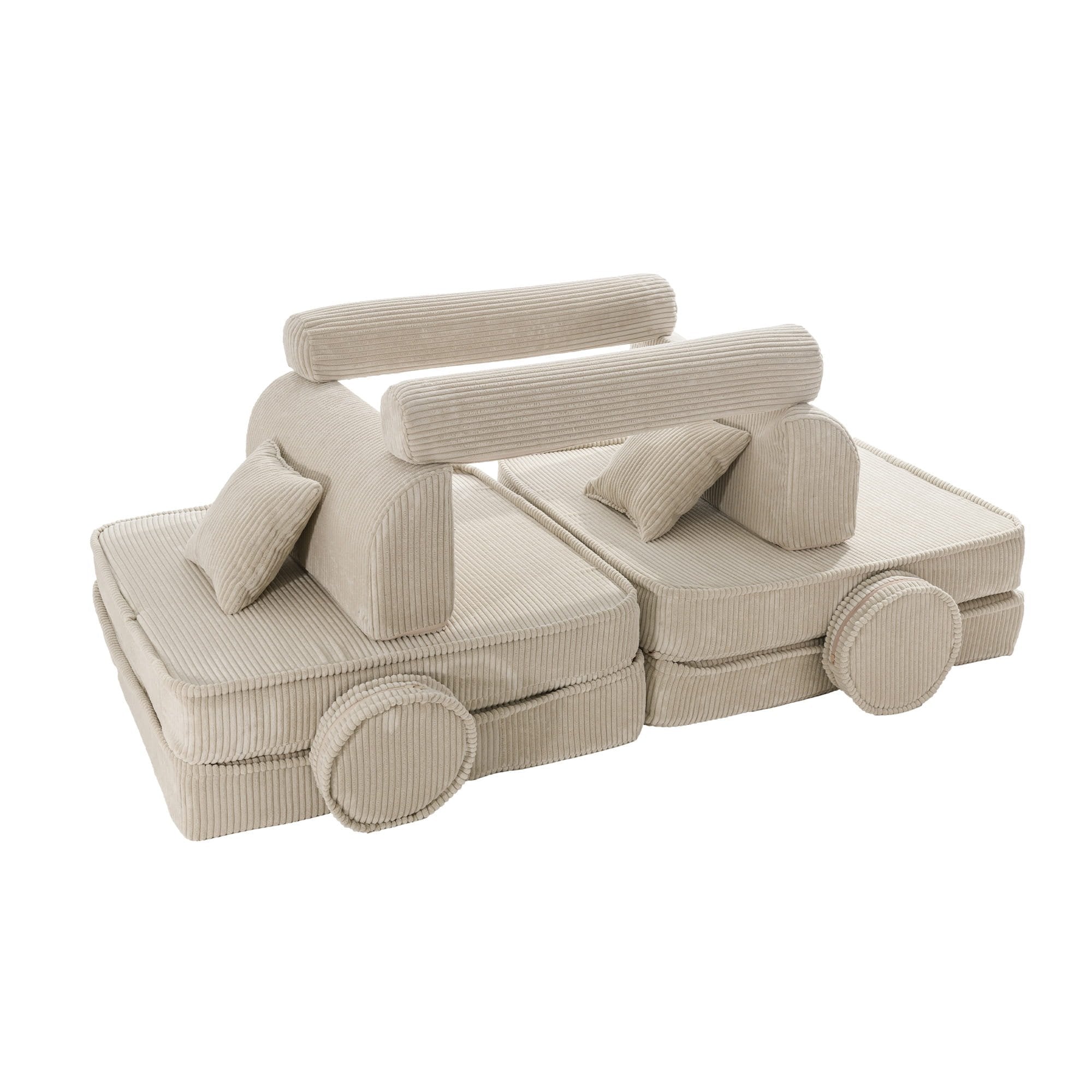 1. Large modular children's sofa in ecru corduroy with multiple pieces arranged creatively, featuring cushions and armrests, on a white background