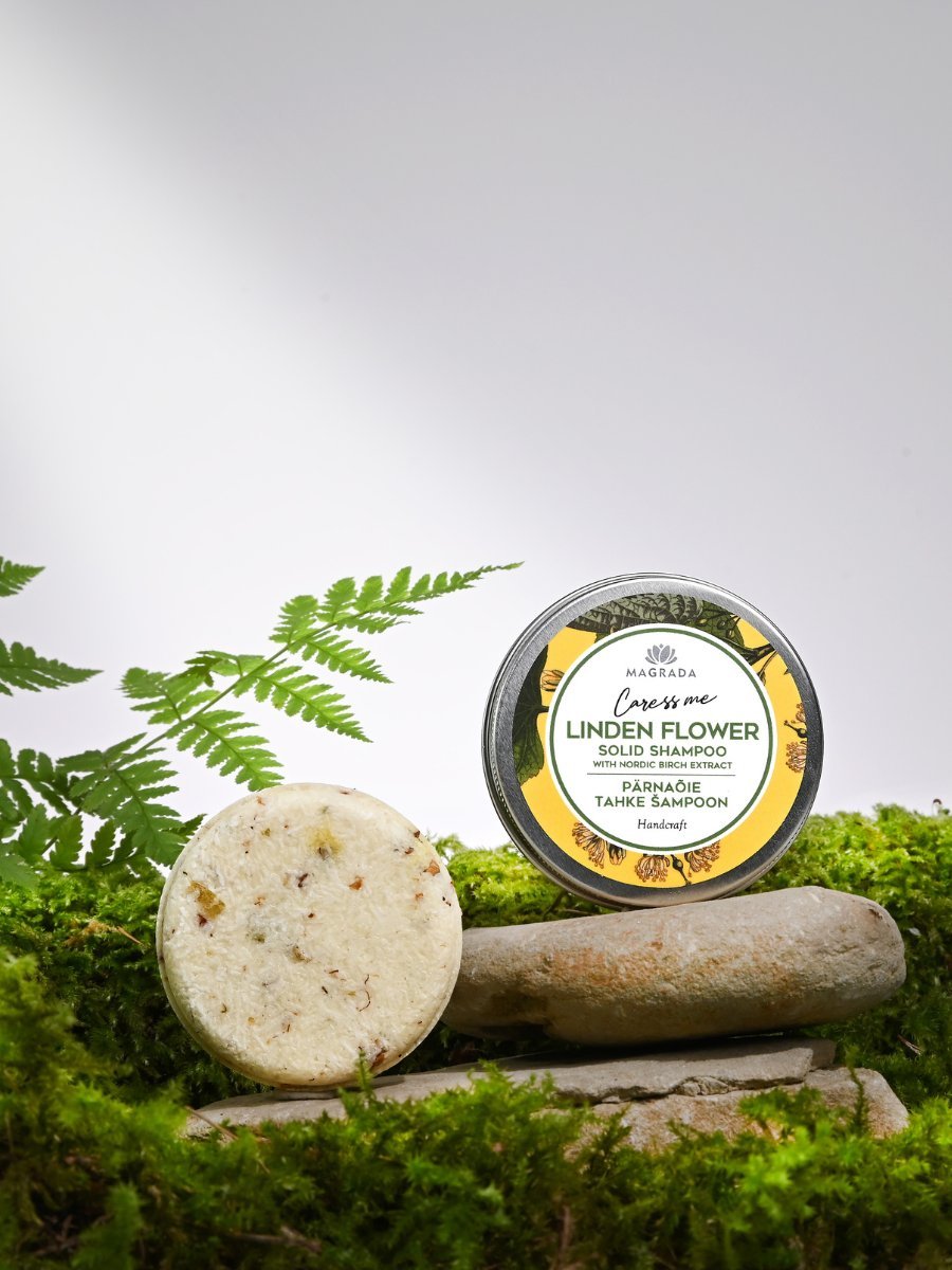 4. Collection of Magrada Organic Cosmetics Linden Flower products, including shampoo bar, liquid soap, and cream, displayed on stone