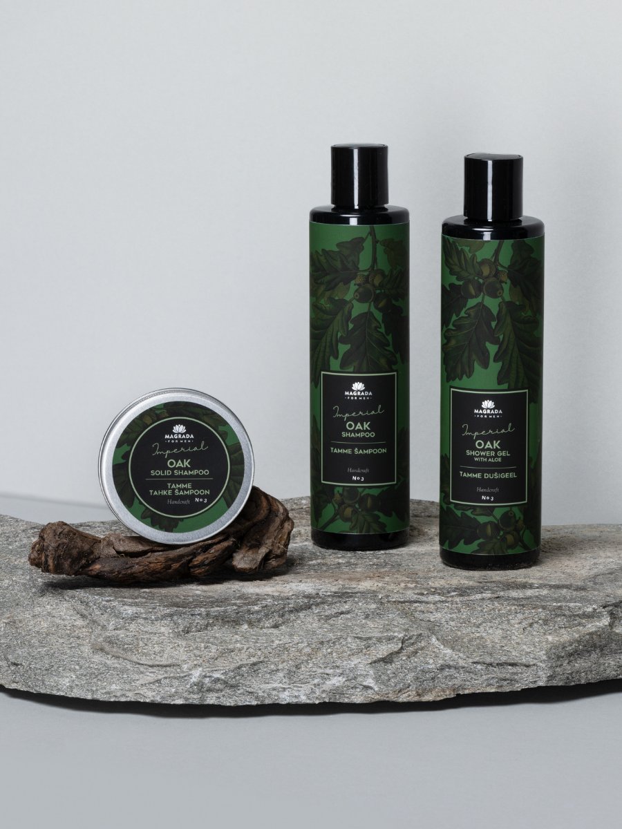 4. Magrada Organic Cosmetics Oak Shower Gel and Solid Shampoo for men, shown on stone surface