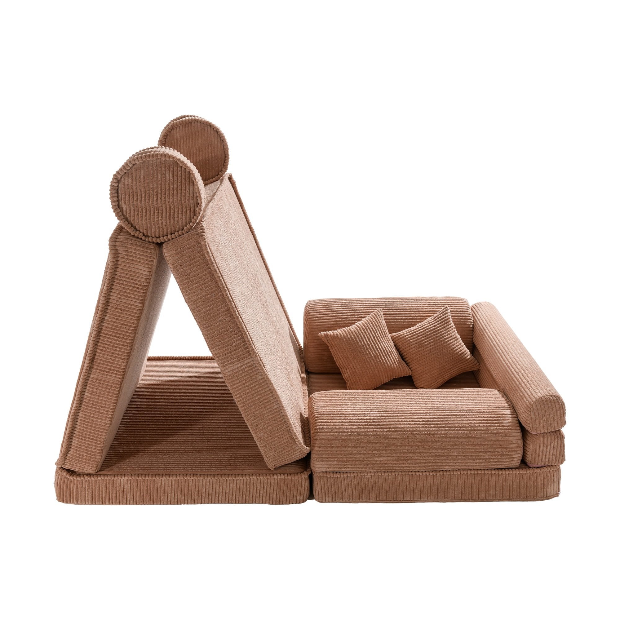 4. Modular children's sofa in powder pink corduroy arranged as a tent and seating area