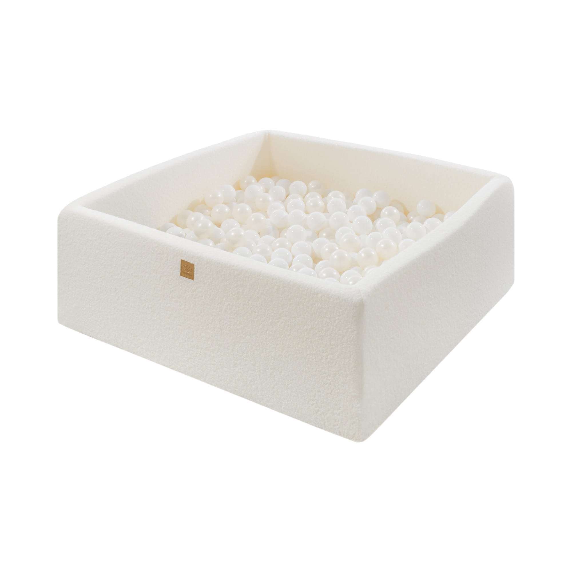 2. MeowBaby white boucle square ball pit with 400 white pearl balls, featuring soft anti-allergic foam and zippered washable cover, shown in a studio setting