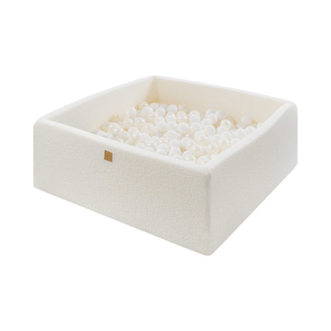 2. MeowBaby white boucle square ball pit with 400 white pearl balls, featuring soft anti-allergic foam and zippered washable cover, shown in a studio setting