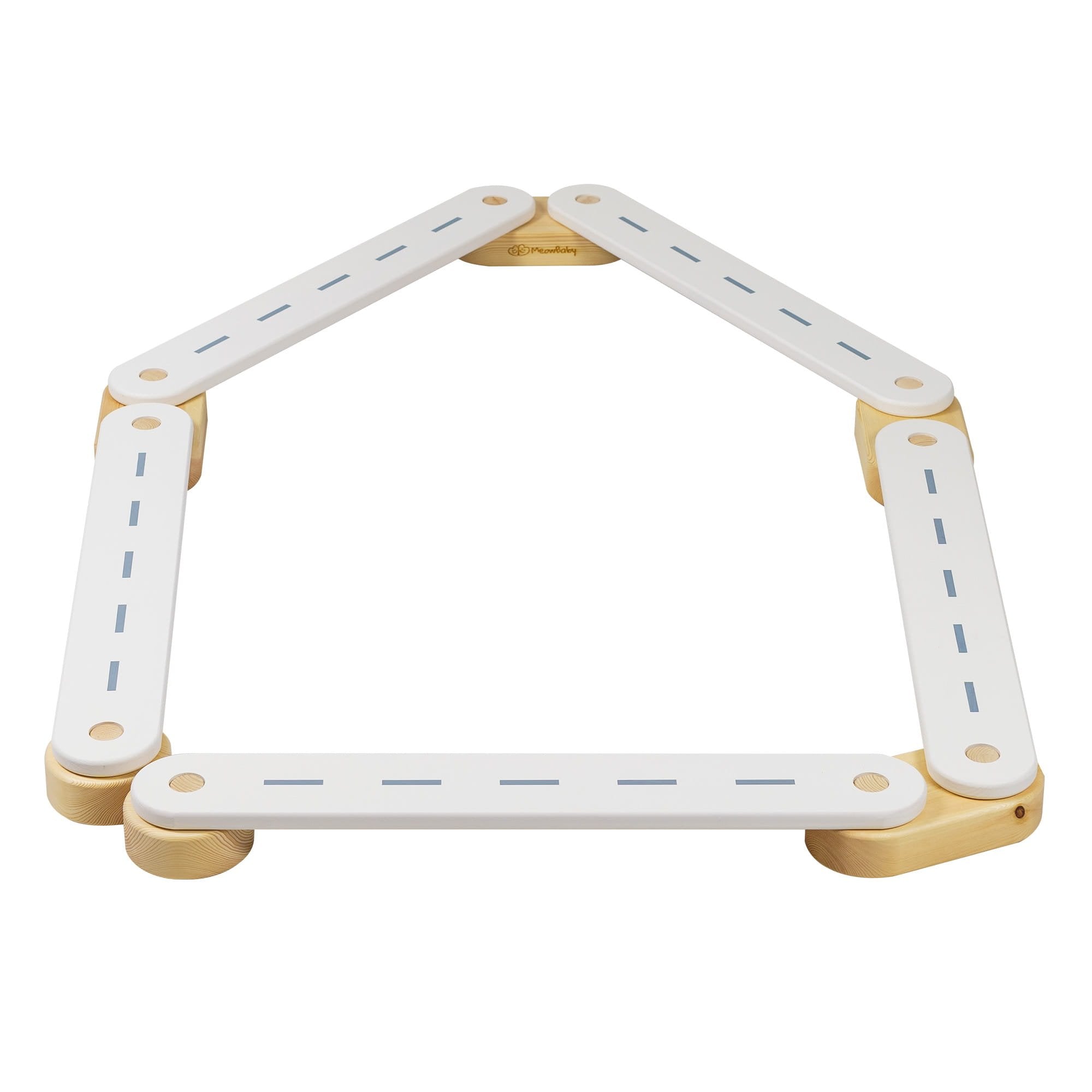 5. Wooden balance beam with white surface featuring road design, arranged in a pentagon shape