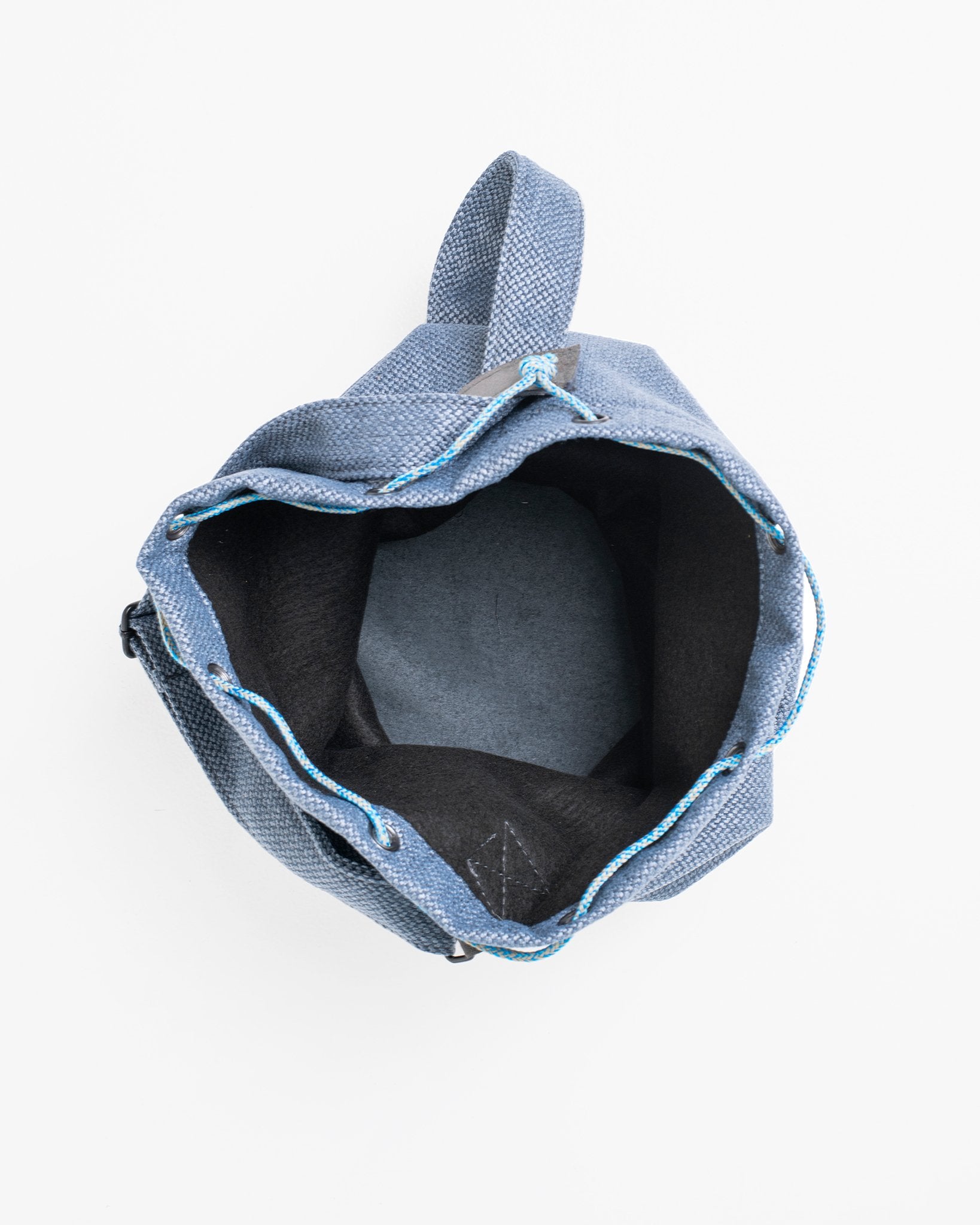 5. Top view of Trendbag Märss upcycled bag in blue, displaying spacious interior and unique design