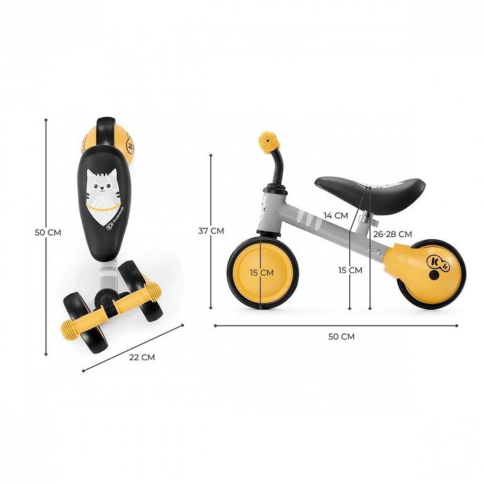15. Size chart for Kinderkraft CUTIE balance bike showing dimensions and kitten print