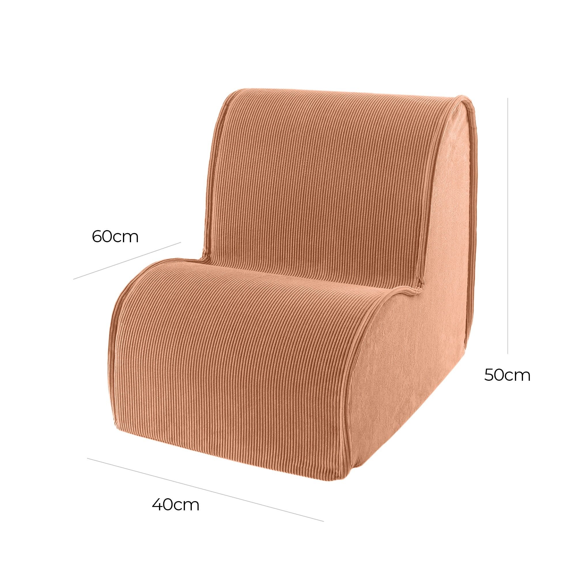 2. Size chart for MeowBaby children's armchair in brick corduroy showing dimensions 40cm width, 60cm depth, 50cm height