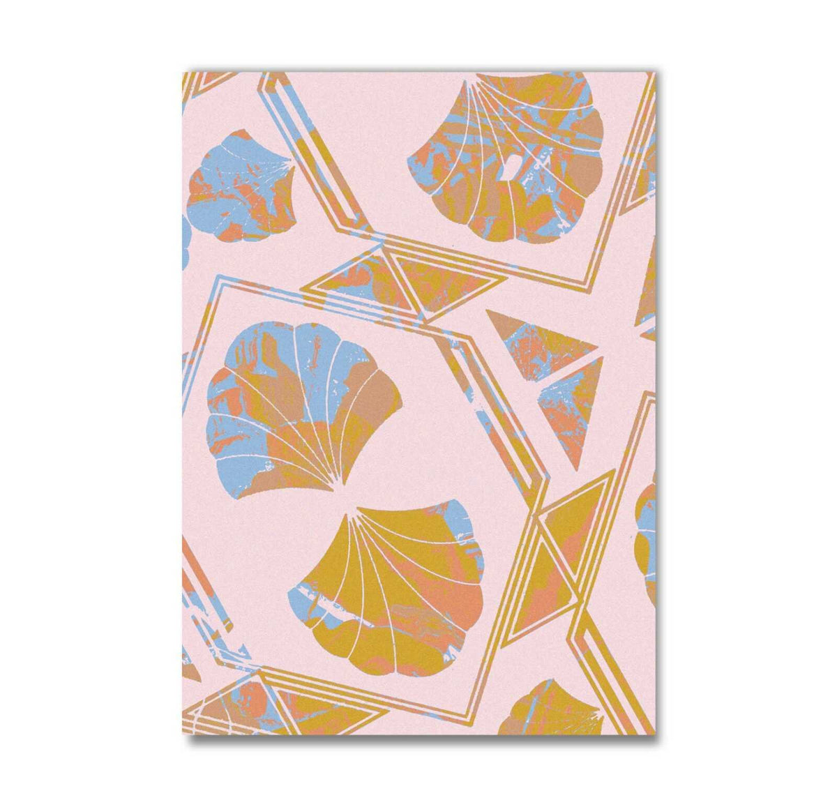 2. Studio shot of Art Deco Diagonal Pink Rug featuring geometric gold and blue patterns on pink background