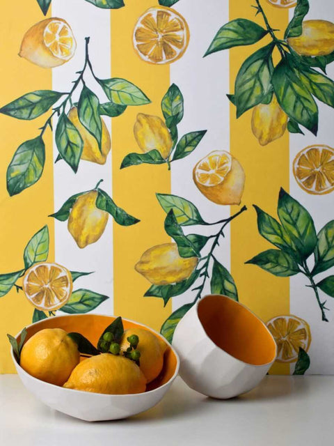 1. Striped lemon wallpaper with lemons in white bowls against yellow and white striped background