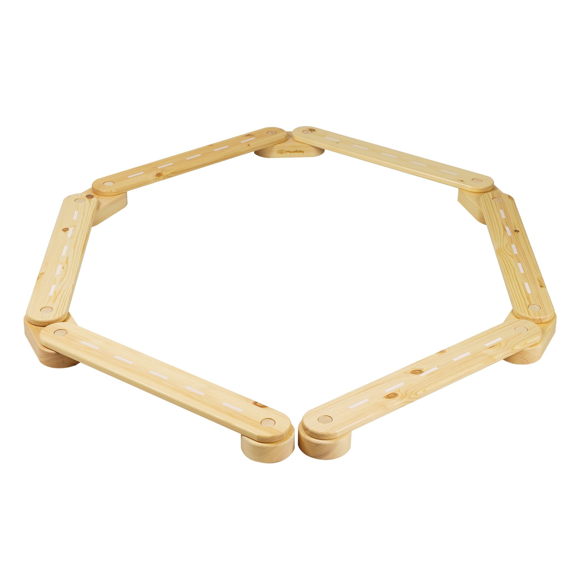 11. Wooden balance beam with natural pine finish and road design arranged in a hexagon