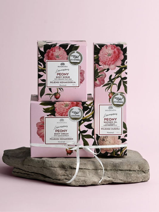 2. Trio of Magrada Organic Cosmetics Peony products including body scrub, body cream, and shower oil in floral packaging