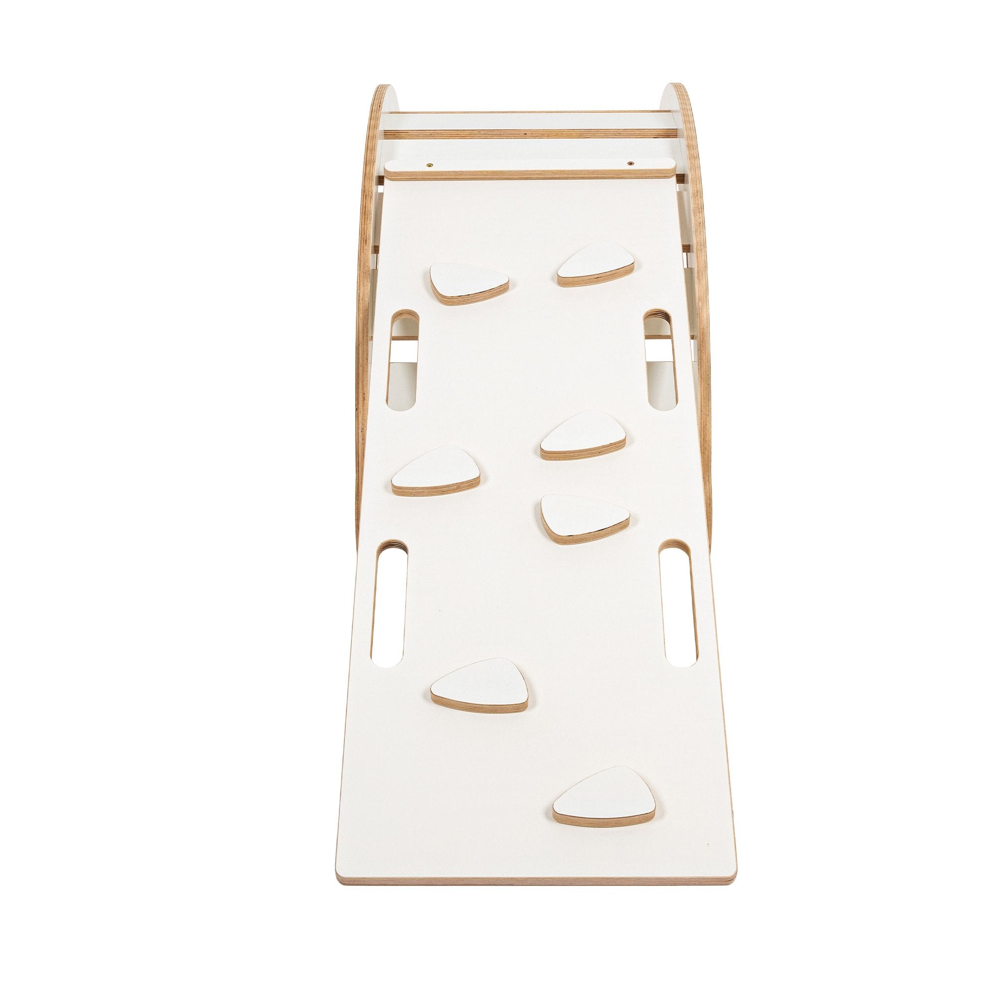 2. White slide with climbing holds attached to wooden dream rocker