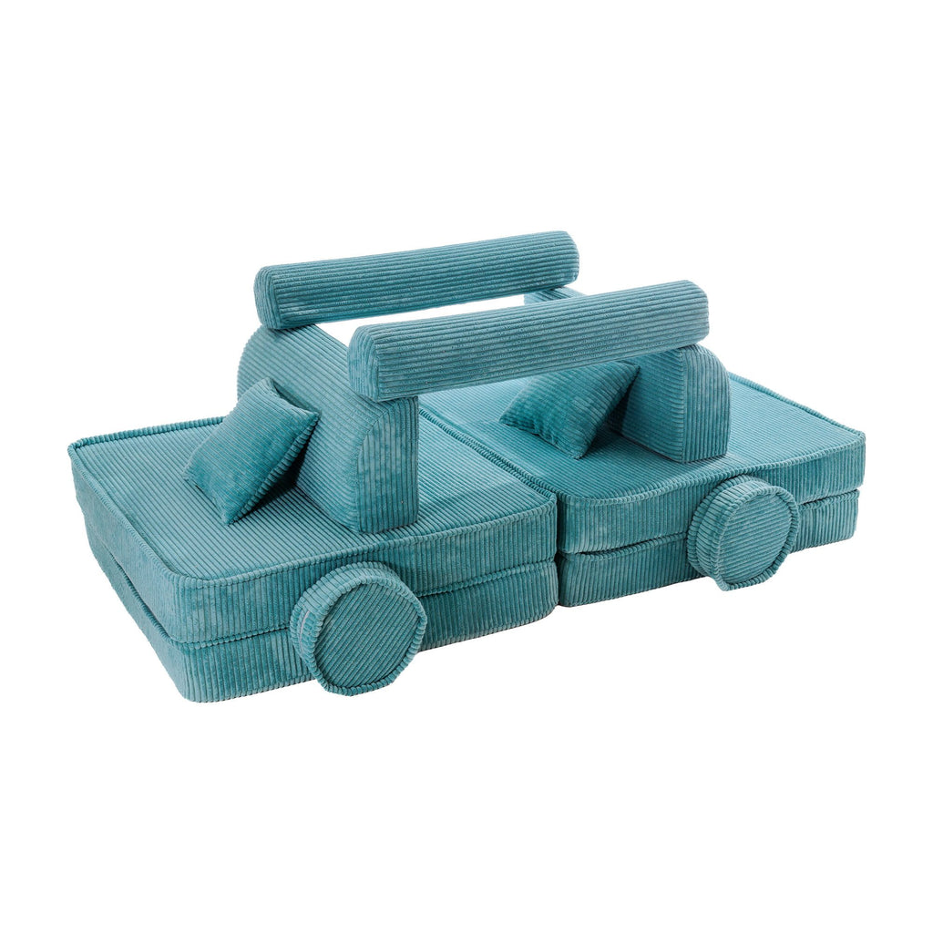 4. Turquoise corduroy modular sofa for kids arranged in a car-like structure with cushions