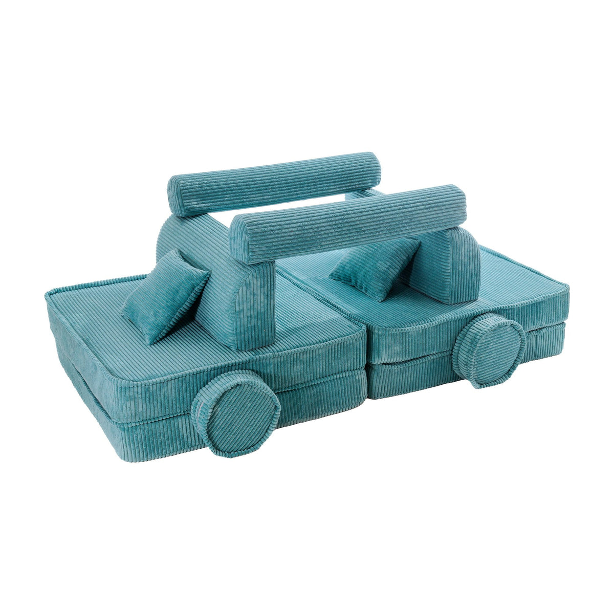 4. Turquoise corduroy modular sofa for kids arranged in a car-like structure with cushions