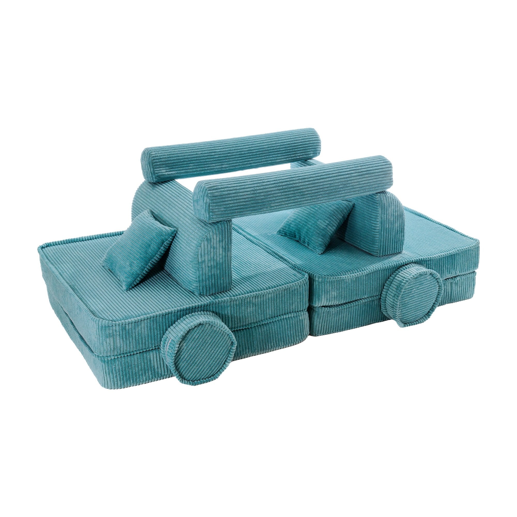4. Turquoise corduroy modular sofa for kids arranged in a car-like structure with cushions