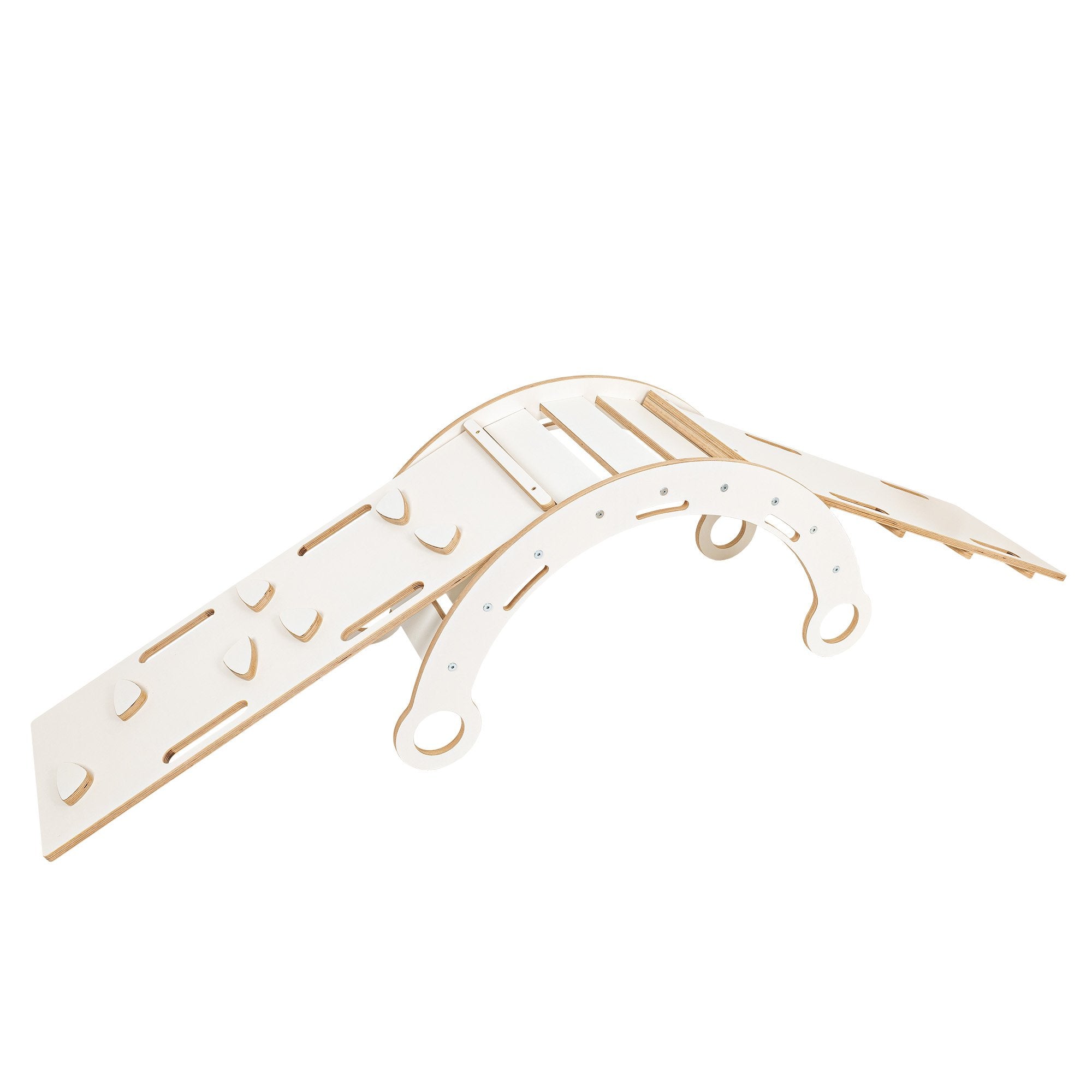 1. White wooden dream rocker with slide and ladder attachment in a minimalist design