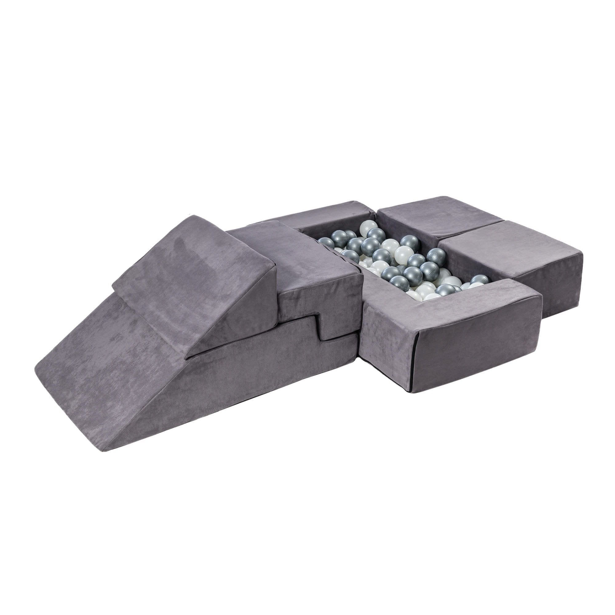 1. Grey MeowBaby velvet bricks set arranged as a playground with ball pit and ramp
