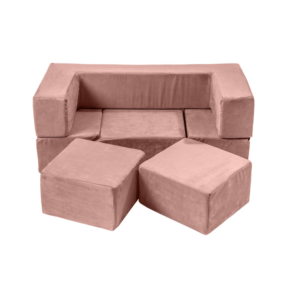 1. Pink velvet children's playground set arranged as a sofa with soft blocks
